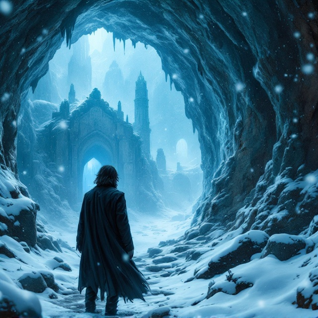 - A lone vampire stands at the entrance of a cavernous, snow-covered cave. - His medium-length, dark hair blows in an icy wind. His pale skin contrasts with the dim, blue glow emanating from deep within the cave. - The tattered coat he wears reflects a bygone era, frayed and weathered by time. - Snow is falling steadily, creating a solemn and melancholic mood in the foreground. - In the distance, ancient, shattered ruins are partially visible, shrouded in snow and mystery. - The scene fades into a desaturated, cold color palette to evoke sadness and intrigue.