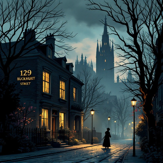 A dimly-lit illustration of a quiet cobblestone London street during twilight. The focus is on a small, two-story building with an iron gate and a quaint garden in the foreground, where a silhouette of an old Polish woman is seen tending to flowers. Across from the building, shadowed by streetlamps, is the silhouette of a towering, gothic-style church with spires peeking under a subtle fog. The overall color palette leans toward muted grays, blues, and soft yellows for a melancholic yet enchanting tone. A sense of loneliness echoes through barren trees and an empty street.