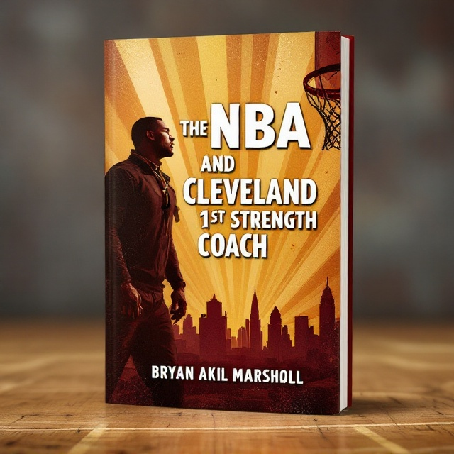 A stylized basketball court serves as the background, rendered in a vintage, sepia-toned color palette that reflects the historical aspect of the narrative. In the foreground, a silhouette of a determined coach with a whistle around his neck is perched on the left side, gazing forward. On the right side, a faded illustration of Cleveland's skyline is intertwined with a basketball hoop. Overarching lines representing light beams evoke the feeling of persistence and triumph. Bold yet subtle accents, like scuff marks, mimic the wear and tear of a game ball to signify grit and challenges.