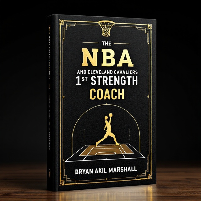 A striking black background dominates the cover, evoking power and prestige. The central image features a dynamic illustration or silhouette of a basketball hoop and court lines, subtly blended with a stylized figure of Akil Marshall mid-action. A faint texture mimicking the feel of a basketball overlays the background. Gold accents frame the edges of the cover, symbolizing triumph, while the Cleveland Cavaliers’ distinctive colors (wine red and gold) subtly frame portions of the design.