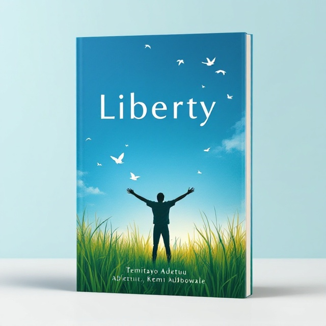 A deep blue sky transitions to a lush green meadow at the base. A silhouette of a person standing with arms stretched wide, seemingly embracing the wind, is placed in the foreground. Bird silhouettes are scattered in the background, soaring into the open sky. Soft, abstract strokes emulate the breeze, adding movement and emotion. The design gives a sense of openness, representing an idea of liberty and limitless freedom.