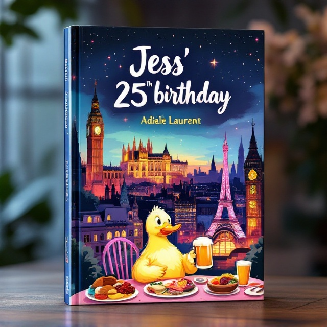 A stylized illustration featuring three key city landmarks—Vienna's St. Stephen’s Cathedral, London’s Big Ben, and Paris’ Eiffel Tower—layered in the background, blending into each other as if painted with watercolors. In the foreground, a charming, cartoonish duck holds a beer mug while sitting at a café table adorned with plates of colorful food. Neon-lit nightlife scenes with a subtle starry sky create a vibrant yet nostalgic atmosphere. The color palette transitions from deep blues and purples at the top to warm yellows and oranges near the bottom, evoking a dreamy, celebratory vibe.