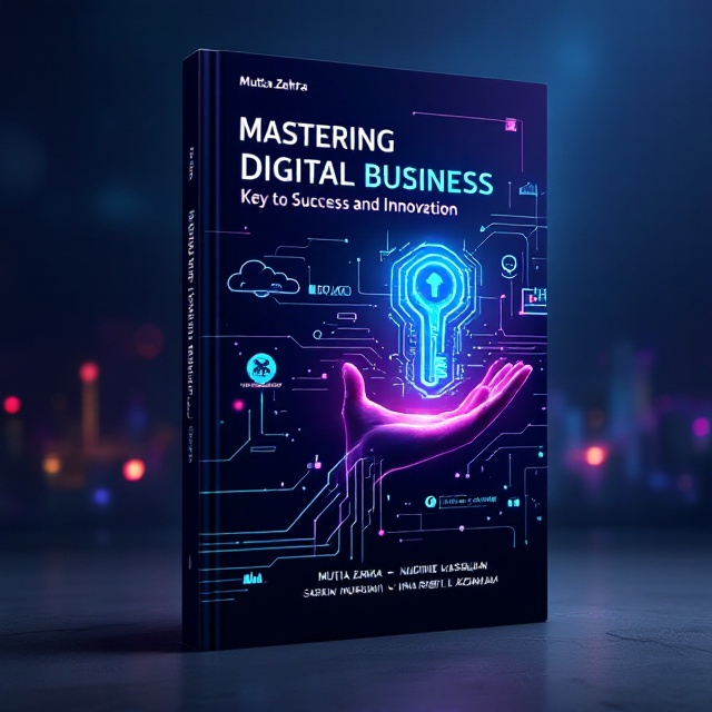 A sleek digital landscape using a gradient of deep blue (#0A2A43) and electric purple (#6A0DAD) as the background. Connected nodes and network lines flow across the cover, subtly integrating a faint circuit board pattern. A futuristic key icon, glowing in neon cyan (#00FFFF), is centrally placed, overlaid on a holographic interface being touched by a hand silhouette. Around the hand, floating technology visuals like an AI icon, cloud, charts, and binary code enhance the theme of digital transformation. Digital light trails and lens flare effects add depth, while a faint, glowing city skyline is placed at the bottom to symbolize the digital business ecosystem.