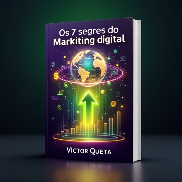 A vibrant purple background transitions into a gradient of green and yellow towards the center, symbolizing the journey of acquiring knowledge and success. The center features a futuristic holographic globe representing technology, with digital currency symbols (like dollar signs, euro, and bitcoin) orbiting around it. Below the globe, there's an abstract upward-pointing arrow graph representing growth and achievement. Scattered across the cover are subtle digital marketing tools/icons like a laptop, smartphone, and bar chart, blending seamlessly into the background. A soft glow effect around the globe adds energy and vibrancy.