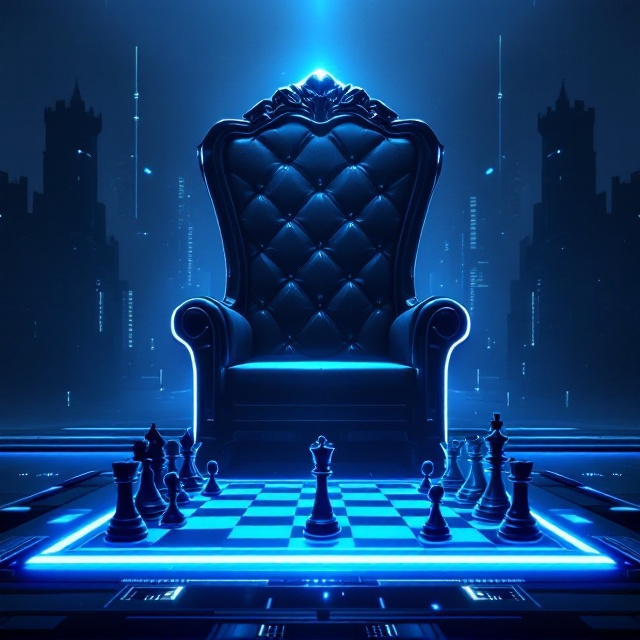 A large, sleek, futuristic throne takes center stage, slightly tilted to face the viewer. Neon blue glowing accents adorn the edges of the throne. In the foreground, a holographic chessboard is displayed at an angle, with the black king, rook, and three pawns in an intense endgame setup. The holographic chessboard emits a faint blue glow, matching the color palette. A dark castle silhouette is visible on the left, blending into a dystopian cityscape in the far background. The scene is enveloped in shadows, accented with faint digital grids and holographic elements across the background, creating a moody, suspenseful atmosphere.