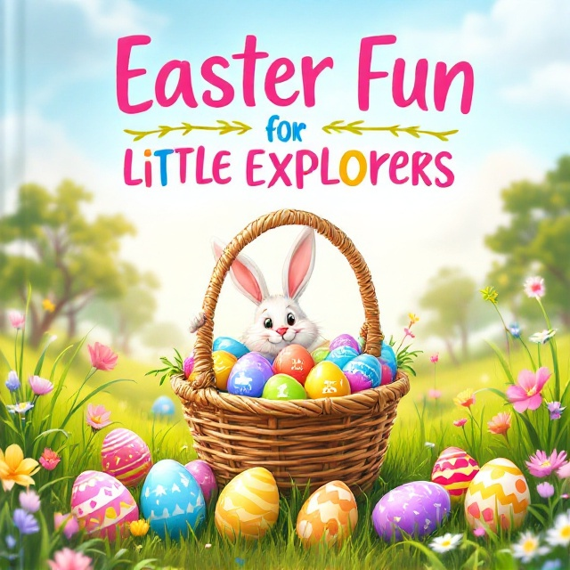 A lively and colorful outdoor scene featuring children running and hunting for Easter eggs in a grassy meadow. The central focus is on a whimsical wicker basket overflowing with brightly painted eggs, each egg displaying miniature icons of activities like coloring, puzzles, and crafts. A friendly bunny with adorable features peeks mischievously from behind a vividly illustrated Easter maze in the background, adding an element of fun and exploration. The backdrop includes soft pastel clouds, blooming flowers, and tree silhouettes to create a cheerful and festive atmosphere.
