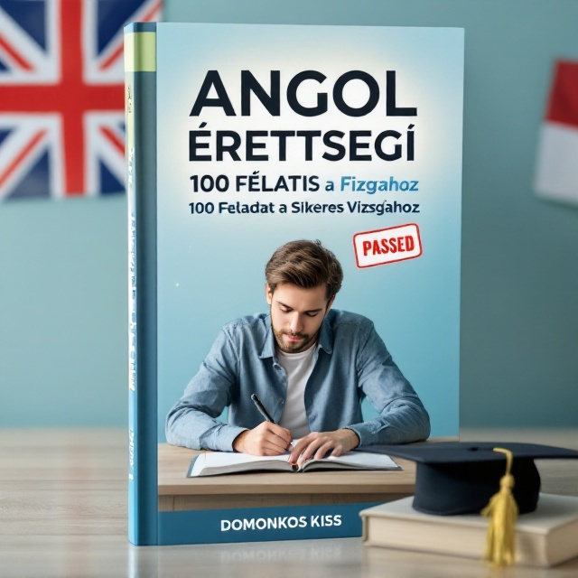A student sits confidently at a wooden desk in the foreground, writing in a notebook with an open book beside them. In the background, there’s a soft gradient transition from a light blue to a Union Jack flag to the left, and a Hungarian flag to the right. Above the student's head, a glowing checkmark floats, symbolizing success. A graduation cap gently rests on the right corner of the open book. A "Passed" stamp in bold red is subtly overlaid near the checkmark. The title appears in the upper half of the cover in a bold, modern font, while the author’s name appears at the bottom. The scene is brightly lit, emphasizing clarity and achievement.