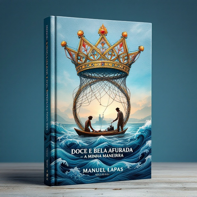 The cover features a vivid depiction of a queen's crown at the center, made up of intertwined fishing nets. Inside the crown, a small traditional fishing boat is illustrated, with a fisherman and fish seller (varina) standing on either side, dressed in traditional Afurada attire. Waves in varying shades of "azul mar" flow along the bottom half of the cover, symbolizing the connection to the sea. The background features a subtle gradient that transitions from a calm blue sky to a vibrant sea blue, with faint silhouettes of fishing villages in the distance.