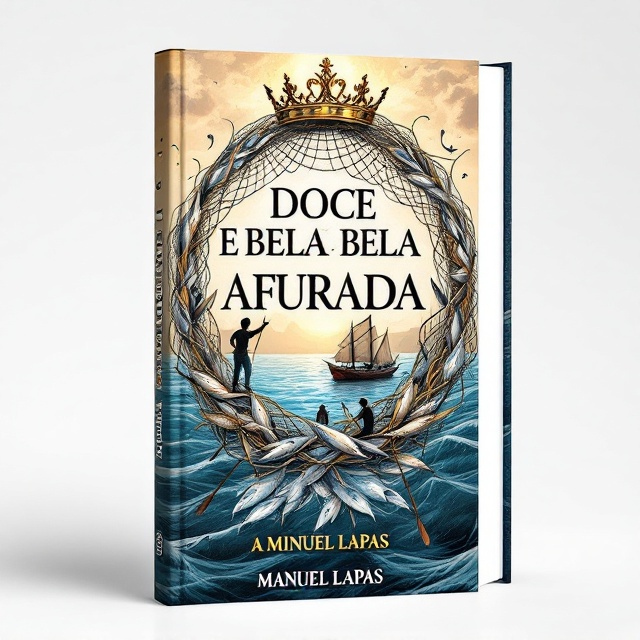 A majestic queen's crown encircles a fishing net that intertwines with traditional fishing boats, fishermen, and iconic fishmongers (varinas) in action. The backdrop features a serene blue sea, with subtle rolling waves and hints of golden sunlight breaking through hazy skies, evoking both nostalgia and the glory of Afurada’s fishing legacy. Small, detailed elements, such as the textures of weathered wooden oars and glistening fish scales, subtly enhance the design.