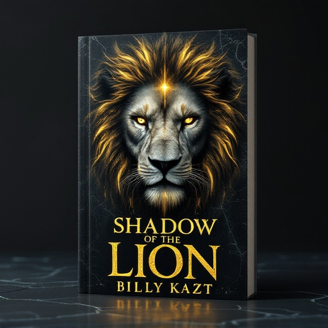 A shadowy, ancient lion's face dominates the center of the cover, blending with an aura that gives it an ethereal and mysterious glow. The lion appears as if emerging from darkness, with jagged golden streaks around its mane symbolizing pain and power. The background is faintly textured, resembling cracked stone or parchment, adding an aged, mystical feel. Subtle, glowing symbols and runic text surround the lion, hinting at ancient magic. There’s a halo of soft gold light at the center, adding a contrast between light and darkness.