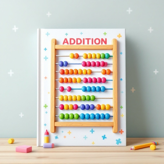 A large, colorful abacus is featured prominently in the center of the cover, paired with illustrations of pencils, erasers, and rulers scattered around the borders. The background features a clean whiteboard texture with faint, pastel-colored mathematical symbols (plus and minus signs) softly scattered across the backdrop.