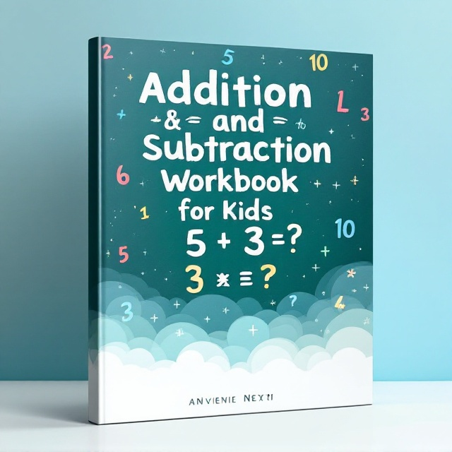 A bold, clean design featuring large, colorful numbers (1-10) scattered across the cover, rendered in a geometric and symmetrical style. The background is comprised of soft, gradient shades of blue, transitioning to white at the bottom, giving a calming and serious atmosphere. At the forefront, a central chalkboard illustration is placed, displaying equations like "5 + 3 = ?" in pristine white chalk, surrounded by subtle mathematics-themed doodles such as plus and minus signs.