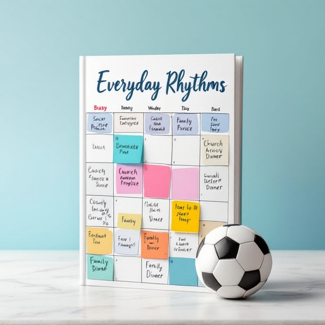 A vividly colored, handwritten-style busy family calendar occupies the majority of the frame, featuring overlapping squares and handwritten to-do lists such as “Soccer Practice,” “Church Service,” and “Family Dinner.” A sports ball, perhaps a soccer ball, rests partially in view in the bottom right corner, creating a focal point. The background is a calming gradient of light blue to white, suggesting relief and serenity amidst the busyness.