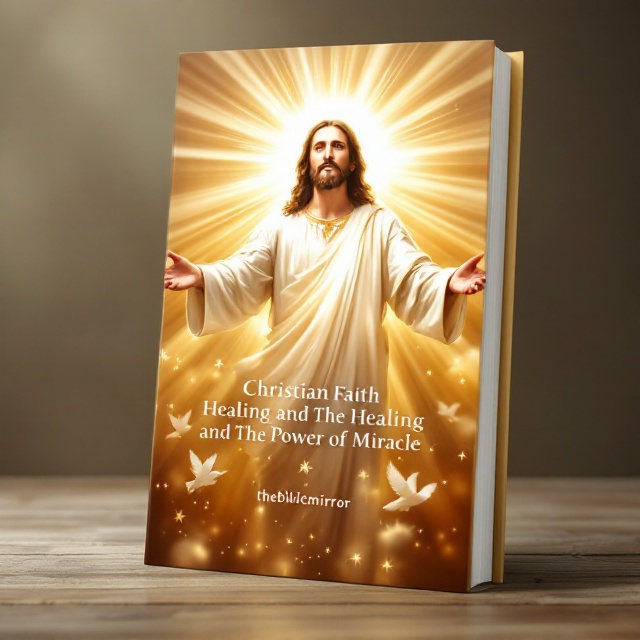 The cover features an ethereal and serene golden-toned background, with soft rays of light emanating from a central point behind a majestic image of Jesus Christ. Jesus is depicted with open arms, symbolizing healing and miracles. A faint halo surrounds Him, emphasizing His divinity. Below the central image, subtle abstract elements, such as doves and soft clouds, create a heavenly atmosphere.