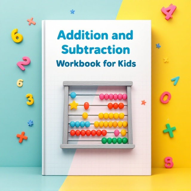 A colorful and clean design featuring bright, bold numbers (representing addition and subtraction equations) scattered across the background. In the center, there is a large interactive abacus icon placed to draw attention. The background is divided into two soft pastel sections (a gradient from teal to yellow), implying the duality of addition and subtraction. A subtle grid design overlays the background, resembling a classroom learning environment.