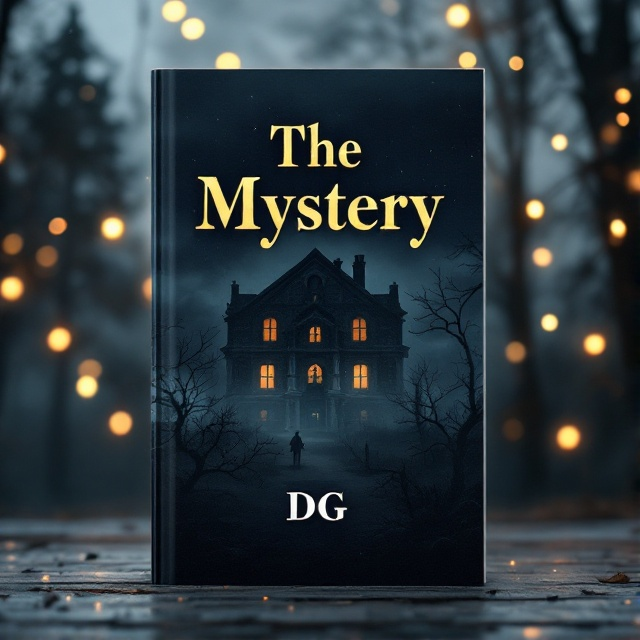 A dark, mysterious building takes center stage, with visible cracks and an eerie, glowing light coming from its windows. Behind it, shadowed tall trees with an ominous atmosphere fade into the background. Twinkling, warm-colored hanging lights trail from the foreground, with slight reflection on the windows, adding an enigmatic contrast. The title "The Mystery" is set against a subtle cloudy sky backdrop with faint moonlight breaking through.