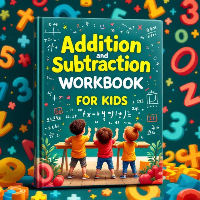 A vibrant, colorful background filled with playful, oversized numbers and mathematical symbols (like plus signs and minus signs) scattered around. In the center, a joyful illustration of three kids solving problems at a large chalkboard with doodles of equations floating around them. The overall feel is dynamic with a focus on learning being fun.