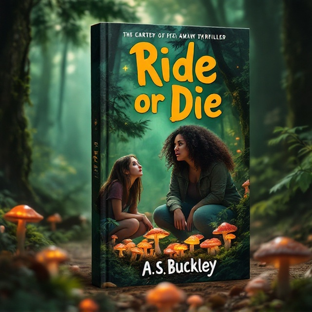The cover features a dramatic forest setting in varying shades of deep green, typical of the Pacific Northwest, with shafts of light streaming through dense trees. Two college-aged girls are in focus. One, with long brown hair, is crouched beside a cluster of vibrant, glowing mushrooms on the forest floor, her face frozen in surprise or shock as she looks upward. Standing beside her is the other girl, plus-sized with dark curly hair, her stance bold and firm, looking forward with a calm yet resolute expression. Soft mist swirls around their feet, and subtle outlines of distant mushrooms can be seen in the background.
