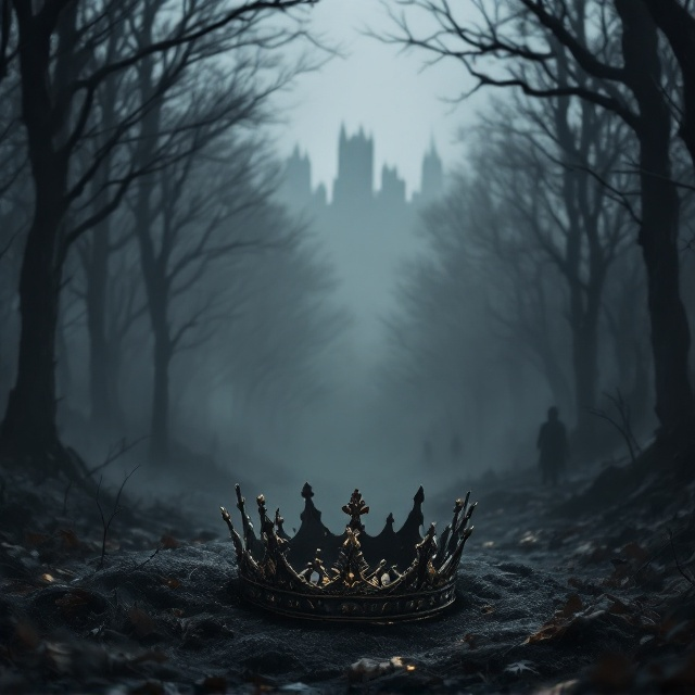 A shadowy, dark gray forest in the background, with looming silhouettes of leafless trees shrouded in dense fog. In the center, a worn and tarnished crown lies half-buried in the forest ground, glinting faintly amid the muted gray tones. Shadowy figures barely visible in the fog create a sense of foreboding mystery. In the upper portion of the cover, a faint outline of a distant, fragmented kingdom emerges, blanketed in haze.