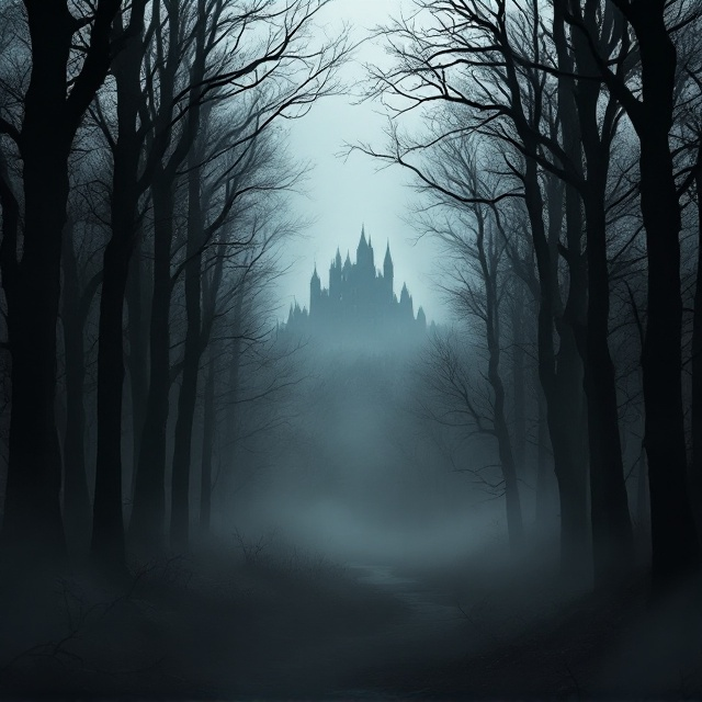 A dark and shadowed forest fills the cover, with tall, gnarled trees extending endlessly upward. The forest floor is enshrouded by a thick layer of fog, diffusing into the background. Dim gray light filters through the bare branches, creating an eerie, mysterious atmosphere. In the center, a faint outline of a distant, almost spectral kingdom rises above the fog, barely discernible but unmistakably majestic and foreboding. Ominous, indistinct shadows linger among the trees, suggesting an unknown presence.