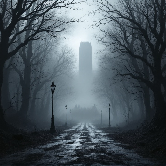A sprawling, ghostly forest in grayscale dominates the background, with intertwined barren branches framing the top and sides. A shadowy dystopian town, partially blurred, emerges at the edge of the forest, barely visible in the mist. Dim, unnatural light from a few crooked lampposts casts eerie shadows, suggesting hidden figures lurking in the dark. A faint silhouette of an imposing government building looms in the far distance, its harsh rectangular structure reflecting the oppressive regime. The overall design is mottled with gray fog, and fragments of the forest seamlessly blend into the townscape. The cover exudes ominous mystery and a sense of entrapment.