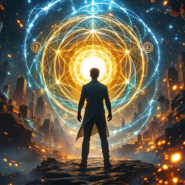 Eli Thompson stands tall and commanding at the center of the cover, his striking mixed-race features illuminated by the swirling vortex of mana around him. The five glowing, intricately designed affinity symbols form a radiant star-like pattern encircling him, their auras—Blue, White, Green, Red, and Gold—blending with the vortex. In the background, a luminous, futuristic city brims with mana-infused architecture, with floating buildings and pulsating blue energy pathways. The celestial rift above dominates the skyline, faint outlines of the titanic celestial beings, the Preserver and the Reformer, emerging from its edges.