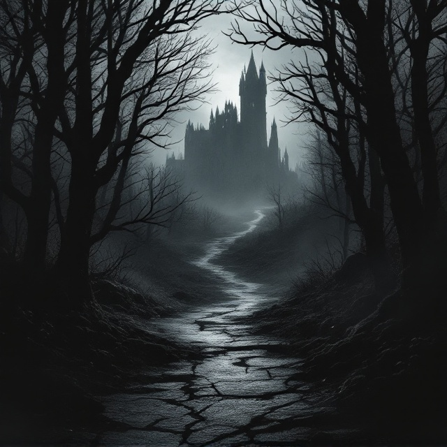 A shadowy, barren forest drenched in a palette of black and dark grays. A faint, gloomy light seeps through the twisted branches, casting long, erratic shadows. In the distance, a faded, ominous silhouette of a crumbling castle looms, nearly swallowed by the surrounding darkness. The foreground features faint hints of cracked, desolate stone path leading deeper into the forest. The edges of the cover blur into smoky, indistinct shapes, creating a sense of something lurking just out of sight.