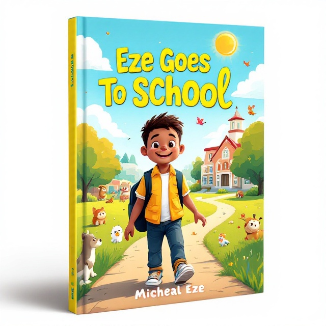 A vibrant illustration of a cheerful young boy named Eze, wearing a neat school uniform, holding a backpack while walking towards a school building. The background features a sunny sky, with playful animals and birds scattered across a grassy path leading to the school. A mix of bright and warm colors like yellow, blue, and green dominate the visuals, creating an inviting and joyful atmosphere.