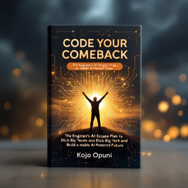 The cover features a glowing circuit board embedded in the silhouette of a person triumphantly raising their hands toward a sunrise. The silhouette emerges from a dark, stormy background, symbolizing a transition from struggle to triumph. Golden rays of light illuminate the top half of the cover, signifying hope and a bright future. In the background, abstract AI neural network patterns subtly glow, seamlessly blending with the circuitry design without overwhelming the main elements.