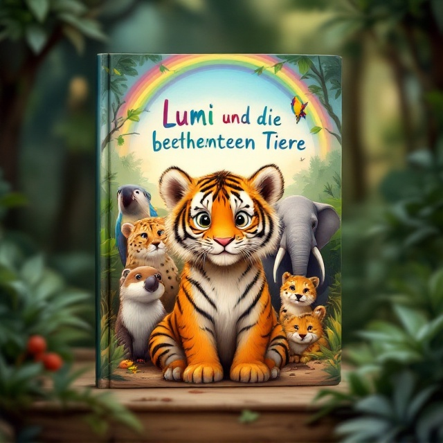 Lumi, the friendly tiger cub, is placed front and center with a tender and slightly worried expression. Surrounding her in an arc, other endangered animals like a colorful parrot (Papagei), a playful otter, a sleek cheetah (Gepard), a wise elephant, and additional animals softly peer out with friendly but concerned expressions. The background transitions from a lush green forest to a fading, barren desert to symbolize environmental change. Subtle fluttering leaves and a soft rainbow arc frame the top edges to give a magical yet urgent tone. The colors are vibrant and cheerful yet with a mix of warm undertones to subtly reflect concern over the animals' plight.