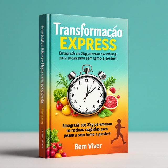 A vibrant, eye-catching design featuring a sleek stopwatch in the center, symbolizing quick transformations. The stopwatch is surrounded by illustrations of fresh, colorful fruits and vegetables on one side, and a sketched outline of an active person running on the other. The background transitions from a calming gradient of turquoise at the top (representing relief) to a bold orange at the bottom (signifying motivation and energy). Subtle diagonal lines add dynamic movement to the design.