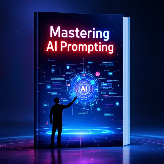 A sleek, futuristic illustration featuring a human figure in a semi-silhouette reaching out toward a glowing holographic interface suspended mid-air. The interface is filled with dynamic floating text, luminescent symbols, and AI-generated visuals. The setting is encapsulated in a rich deep blue-to-purple gradient with soft neon accents, adding an ethereal glow. Small digital particles float around the scene, evoking a sense of boundless technological possibilities.