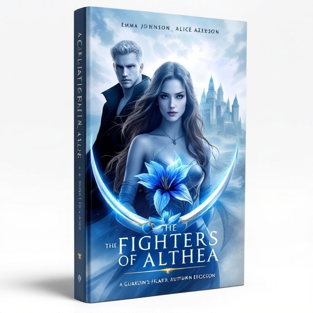 The cover features Emmalyn in the foreground, posed in a fierce yet graceful stance, holding her silver curved scimitars. Her honey-brown hair flows softly, with light catching the silver crescent moon rings she wears, emphasizing the blue lily in the center. Koa stands slightly behind her to the left, cloaked in black, his striking pale complexion creating stark contrast. Their figures are framed by a pale, misty backdrop, with hints of a grand, lush castle creeping through the fog. The blue and white color scheme dominates the scene, with glowing accents around the blades of the scimitars to give a battle-ready effect, and a subtle streak of gold on the edge of the horizon for depth. The background is a gradient from pale blue to white, symbolizing a heartfelt yet somber atmosphere.