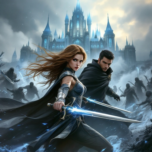 Emmalyn is depicted prominently in the foreground, her honey-brown hair flowing as she wields her silver crescent moon rings with blue lilies embedded in the center, while gripping two gleaming silver scimitars. She is posed mid-battle with intensity and determination in her eyes. Slightly behind and to her side stands Koa, shrouded in a black cloak that sways with motion, his short black hair catching subtle highlights. His stance is protective yet stoic, ready to strike, as their opponents—dark, shadowy figures—close in from the sides. Behind them looms a majestic, lush castle enveloped in soft white mists with glowing blue accents highlighting its grandeur. The sky above them transitions from somber gray to ethereal blue, creating a balance of tension and hope.