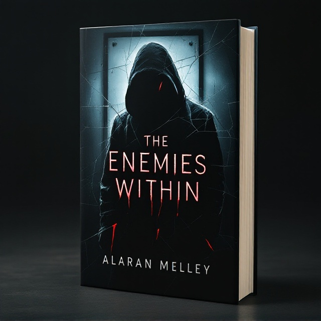 A dark and ominous cover featuring a fragmented male silhouette that appears to be dissolving into shadows. The silhouette is partially illuminated by a dim light source from the top left corner, giving it an eerie glow. In the background, a looming, faint outline of a cold, steel door is faintly visible, suggesting a hidden layer or secret. Faint, red jagged lines cut across the silhouette, symbolizing betrayal and conflict. A texture resembling cracked glass overlays the entire design, adding to the sense of unease and tension.