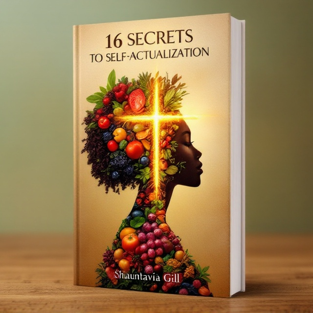 A silhouette of a serene Black woman formed entirely of vibrant, healthy foods (fruits, vegetables, grains). The silhouette is centrally positioned and slightly tilted upward, evoking serenity and empowerment. Behind the silhouette, a delicate, glowing Christian cross is faintly visible, subtly overlapping with the figure. The background features a muted earthy tone, such as a textured beige or soft sage green, giving the design a grounded and natural feeling. The emotions of peace and enlightenment are reinforced by gentle rays of light emanating from the cross, blending seamlessly into the silhouette.