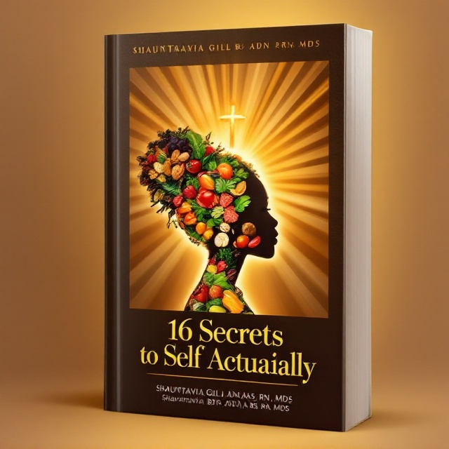 A silhouette of a Black woman made from a collage of vibrant, healthy foods like leafy greens, fruits, nuts, and whole grains occupies the center of the cover. This silhouette glows faintly, symbolizing personal growth and health. Behind her, sun rays extend outward, glowing softly in an earthy, warm golden hue. A Christian cross fades into the background subtly at the top half of the cover, blending seamlessly into the sun rays while maintaining its presence. The background is a gradient of warm earthy tones, transitioning from deep brown at the bottom to soft beige near the top.