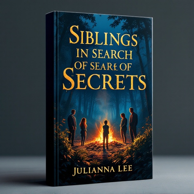 The cover features a dense forest scene under the dark blue hues of a nighttime sky. In the foreground, a detailed illustration shows the silhouettes of a boy and two girls crouched behind a large bush with intent expressions, their faces faintly illuminated by the soft, flickering orange glow of a campfire in the distance. The middle ground displays a campfire at the center, with its vivid light revealing the tied-up man and woman, visibly distressed, and the imposing figures of the four men standing guard around the flames. Shadows of trees loom over the scene, creating depth and adding a layer of suspense.