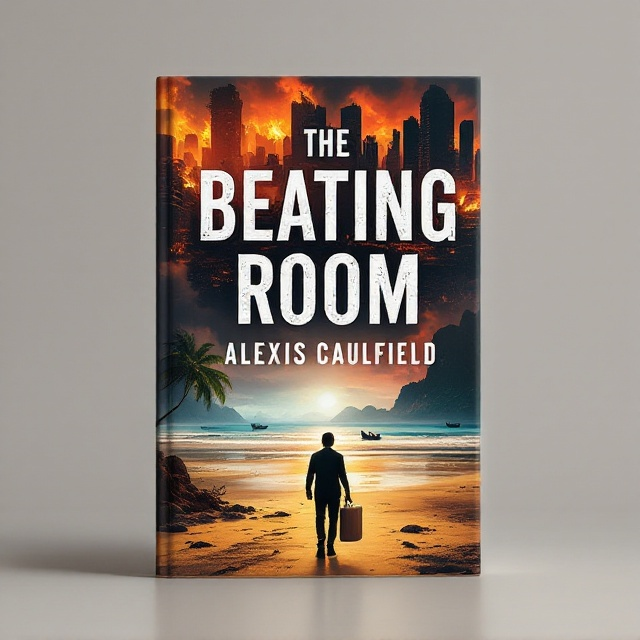 A split-cover design portraying two contrasting worlds. The top half depicts a chaotic city with crumbling skyscrapers, fiery red skies, and riots in the streets representing the collapse of western civilization. The bottom half features an idyllic Thai beach with golden sands, turquoise waters, and a traditional long-tail boat, set against a calming orange-pink sunset. Connecting the two worlds, a silhouette of a solitary man with a suitcase walks down the center toward the beach, symbolizing his escape.