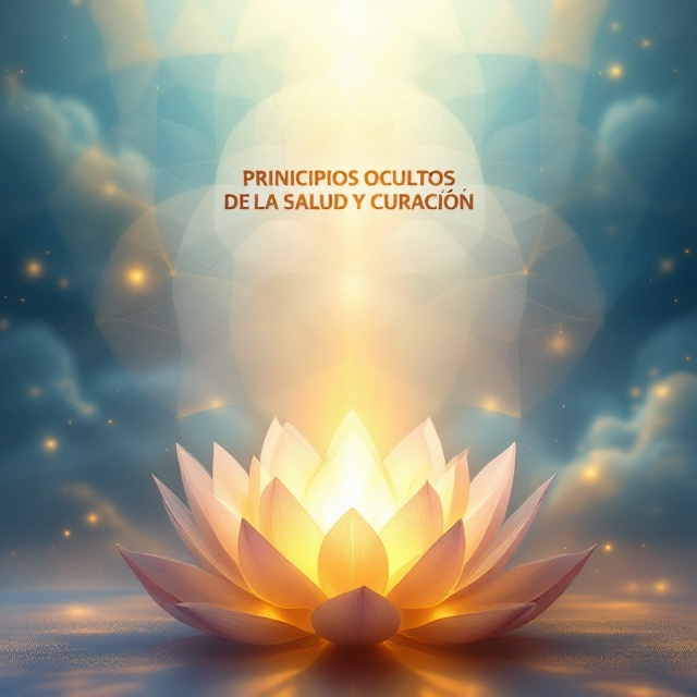 A serene and mystical background featuring overlapping geometric mandalas fading upwards, with ethereal rays of light shining through a cloudy bluish and golden gradient. Subtle silhouettes of a blooming lotus float beneath the design, symbolizing health and spiritual awareness.