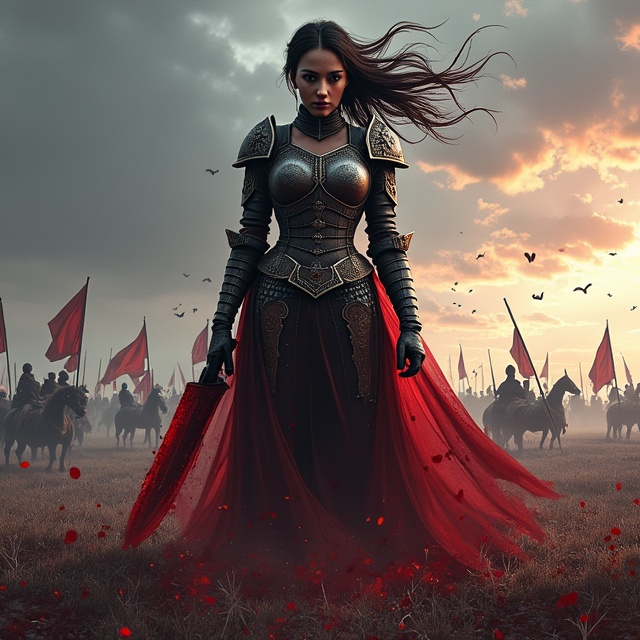 A fierce and determined woman, dressed in worn but regal armor adorned with remnants of her family crest, stands on a battlefield. Her hair flows wildly in the wind, and in her hand, she holds a blood-streaked blade. Behind her, faint silhouettes of soldiers and banners in chaos tile the background. The sky is dominated by dramatic hues of gray with streaks of bright, ominous red, symbolizing war and vengeance. Blood spatters decorate the edges of the design, blending seamlessly with the background. A shadowy figure of her former fiancé and a general's wife loom faintly in the distance like ghosts of betrayal.