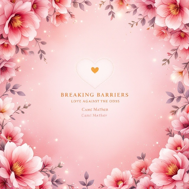 A soft pink gradient background with blooming dark pink flowers encircling the edges, creating a lush floral border. The flowers are delicately detailed, with watercolor-style accents, giving a dreamy and romantic vibe. In the center, there is a subtle heart-shaped outline surrounded by sparkling gold dust particles.