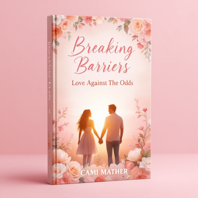 A soft pink background with a gradient effect, transitioning from a light rose pink at the top to a deeper blush pink at the bottom. A delicate arrangement of blooming pastel flowers (roses and peonies) frames the edges of the cover, creating a romantic and serene vibe. In the middle, a radiant couple holding hands is depicted in silhouette, with warm sunlight casting a glow from behind them to evoke happiness and hope.