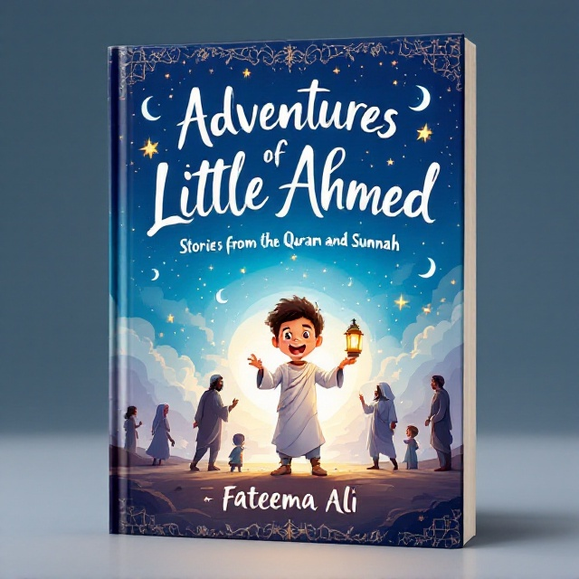 In the center of the cover, Little Ahmed stands with an excited, curious expression, holding a glowing lantern. Around him, in a dreamy and whimsical illustration, important figures like Prophet Ibrahim, Prophet Musa, and Prophet Muhammad (PBUH) appear, depicted as warm and friendly characters in subtle, cartoonish style. The background transitions into soft shades of blue and purple skies, with clusters of glowing stars and soft clouds. Intricate Islamic geometric patterns subtly blend into the edges, accompanied by faint crescent moons and stars to add an element of magic.