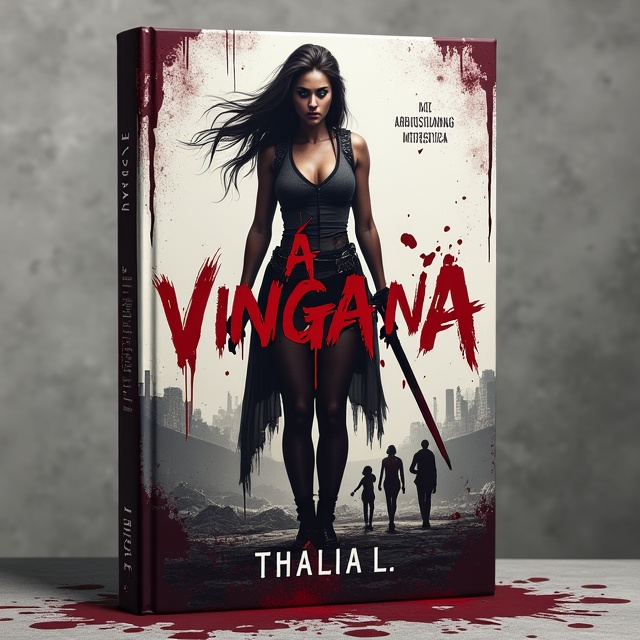 A fierce-looking woman, dressed in a tattered yet regal warrior outfit, stands in the center of the cover. Blood dripping from a blade she wields prominently in her right hand. Her intense expression reflects both pain and resolution. In the background, an apocalyptic cityscape in ashes, with streaks of red blood faintly staining the gray skies. The bottom of the scene features silhouettes of a family and a man walking away, symbolizing the betrayal and loss. Blood splatters accent the sides of the cover, enhancing the vengeful tone.