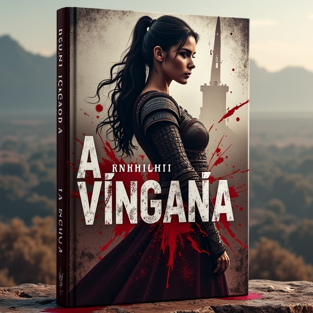 A powerful and fierce woman with striking features stands at the center of the cover, dressed in intricate battle armor smeared with streaks of blood. Her sharp gaze looks directly at the viewer, with a sword clenched tightly in her hand, dripping red. A faint silhouette of a burning palace and rolling battlefields is blurred in the background, encased in tones of smoky gray. Blood splatter patterns stretch out across the surrounding space, blending artistically into the background. Hints of deep crimson streak through the title area, suggesting revenge and passion.