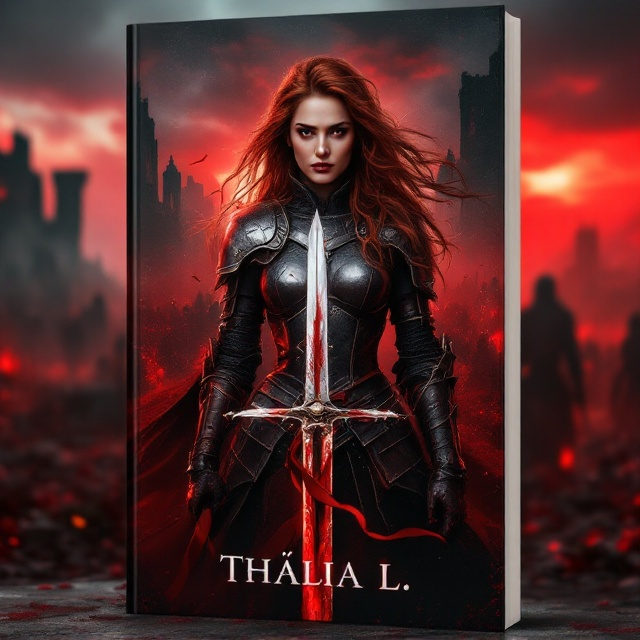 A striking image of a fierce, armored woman standing on a battlefield drenched in a reddish-grey haze at twilight. Blood-stained swords cross in the foreground, with a crimson ribbon trailing through the blades to symbolize love and betrayal. The backdrop includes the ruins of a castle, shadowy figures of soldiers, and a dimly glowing horizon. The protagonist’s eyes burn with determination, her auburn hair blowing in the wind as she clutches a bloodied blade. Blood spatters subtly frame the edges of the cover.