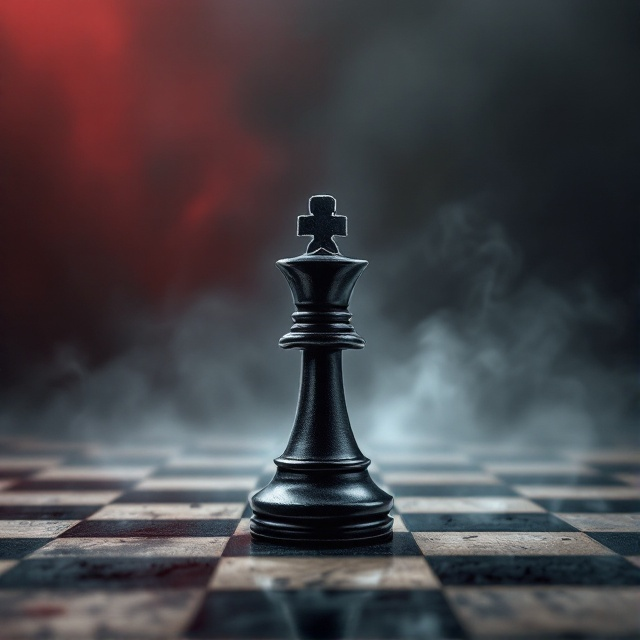 A battle-worn chessboard with one prominent, upright chess piece—a black knight—positioned in the center. The background fades into a gradient of dark, stormy gray transitioning to deep crimson, evoking tension and intrigue. Subtle smoke swirls rise around the chess piece, adding a sense of control and tact.
