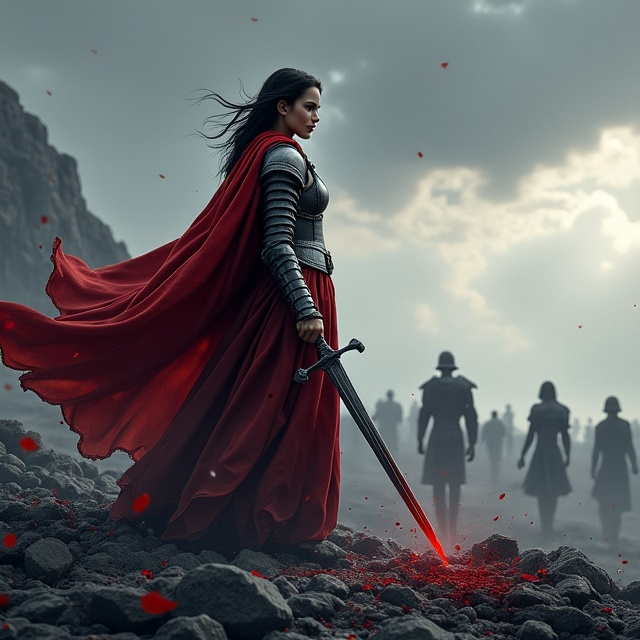 A solitary, regal woman dressed in armor stands in the foreground on rocky terrain, her piercing gaze reflecting pain and determination. Her crimson cloak dramatically flows in the wind, stained with faint blood splatters. She holds a sharp, gleaming blade angled downward, and the reflection in the blade shows the silhouette of a battlefield. In the background, faint shadows of soldiers march, with one couple—the unfaithful general and his new bride—depicted subtly yet clearly in blurred detail. Above the battlefield, stormy gray clouds roil, pierced by faint rays of light, symbolizing her eventual redemption and unexpected romance with the prince.