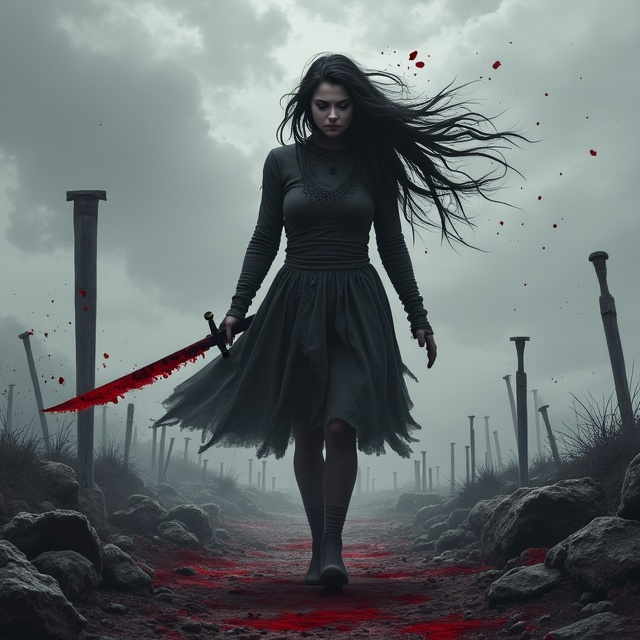 A fierce warrior woman walks through an ominous battlefield. Her hair flows wildly in the wind, symbolizing her resilience and determination. She grips a blood-soaked sword in one hand, the crimson starkly contrasting against the grey-toned, foggy backdrop. Around her, a barren, desolate landscape is scattered with fallen weapons and hints of past conflict. The cloudy sky transitions from dark grey to a faint, threatening red at the horizon. Blood splatters accentuate parts of the foreground, giving the cover a raw intensity.